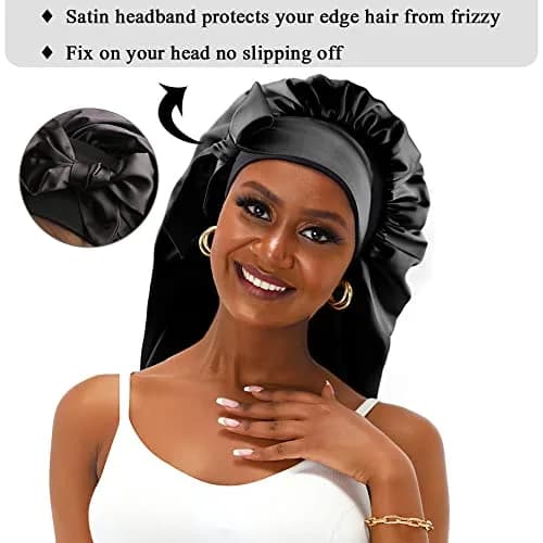 sent hair XL Satin Hair Bonnet for Women, Double-Layer Elastic Night Sleeping Cap with Tie Band for Braids/Curly/Long Hair - Black | Extra Large, Satin, Sleep Cap thumbnail 6