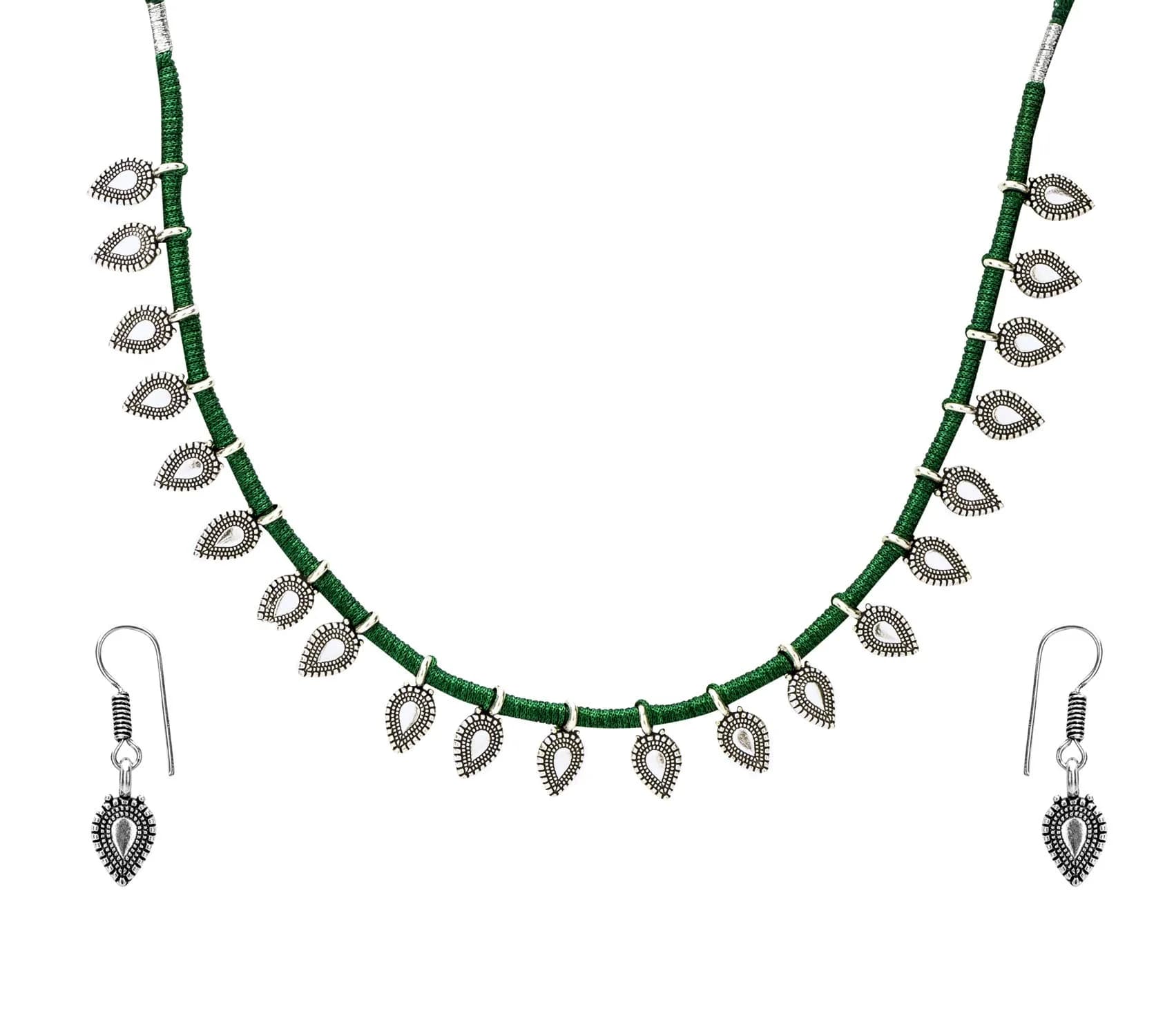 Yellow Chimes Oxidized German Silver Tribal Choker Necklace Set with Earrings for Women (Green) | 44 cm Necklace, 3.5 cm Earrings - main product image