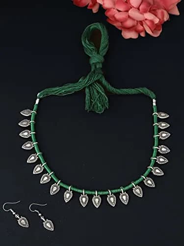 Yellow Chimes Oxidized German Silver Tribal Choker Necklace Set with Earrings for Women (Green) | 44 cm Necklace, 3.5 cm Earrings thumbnail 4