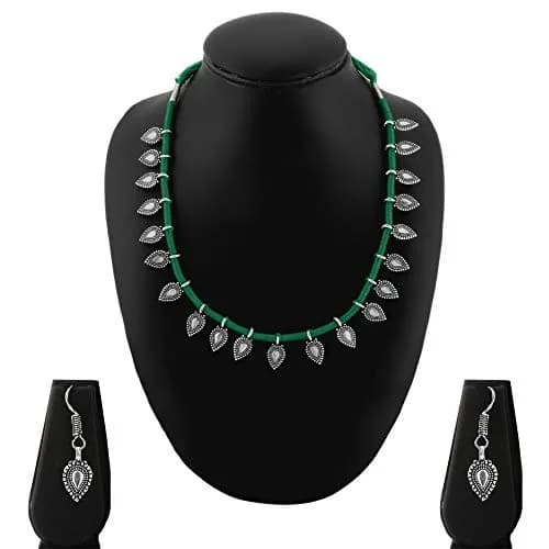 Yellow Chimes Oxidized German Silver Tribal Choker Necklace Set with Earrings for Women (Green) | 44 cm Necklace, 3.5 cm Earrings thumbnail 5