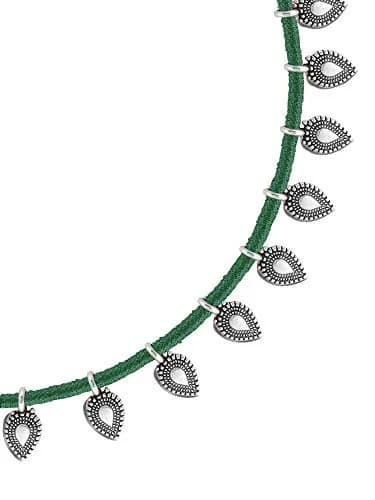 Yellow Chimes Oxidized German Silver Tribal Choker Necklace Set with Earrings for Women (Green) | 44 cm Necklace, 3.5 cm Earrings thumbnail 6