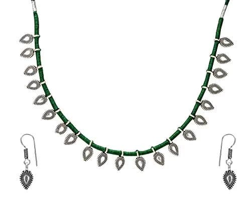 Yellow Chimes Oxidized German Silver Tribal Choker Necklace Set with Earrings for Women (Green) | 44 cm Necklace, 3.5 cm Earrings thumbnail 1