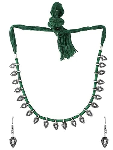 Yellow Chimes Oxidized German Silver Tribal Choker Necklace Set with Earrings for Women (Green) | 44 cm Necklace, 3.5 cm Earrings thumbnail 8