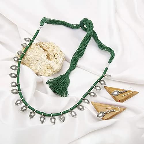 Yellow Chimes Oxidized German Silver Tribal Choker Necklace Set with Earrings for Women (Green) | 44 cm Necklace, 3.5 cm Earrings thumbnail 2