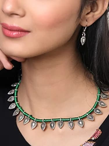 Yellow Chimes Oxidized German Silver Tribal Choker Necklace Set with Earrings for Women (Green) | 44 cm Necklace, 3.5 cm Earrings thumbnail 3