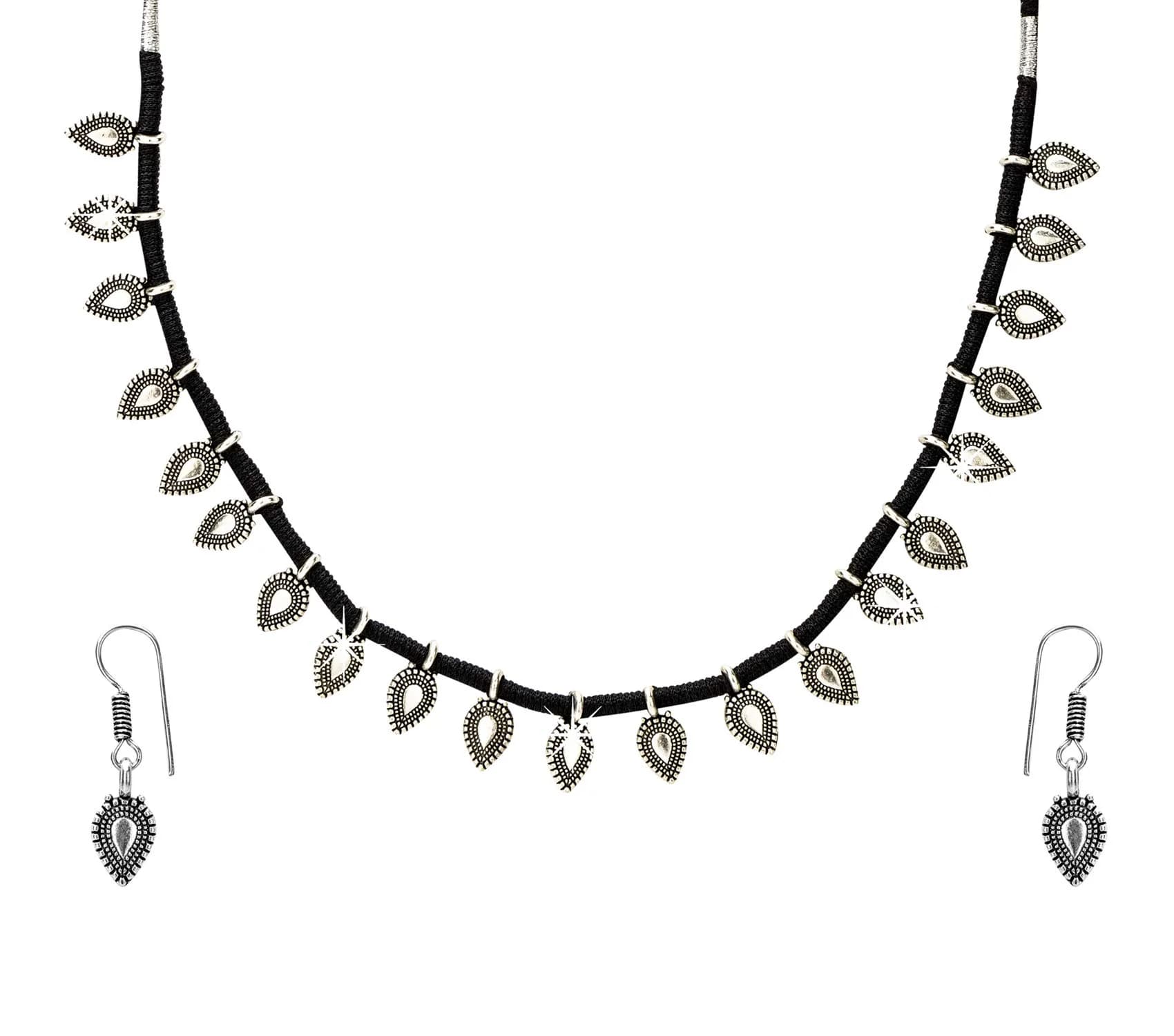 Yellow Chimes Antique Silver Oxidized Ethnic Indian Traditional Leaf Charm Pink Thread Neck Dori Necklace Set with Earrings Jewelry for Women - main product image