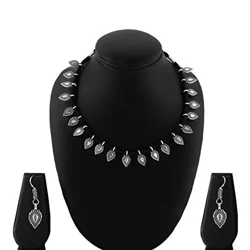 Yellow Chimes Antique Silver Oxidized Ethnic Indian Traditional Leaf Charm Pink Thread Neck Dori Necklace Set with Earrings Jewelry for Women thumbnail 4