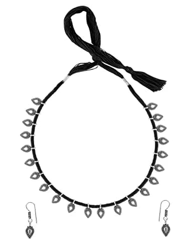 Yellow Chimes Antique Silver Oxidized Ethnic Indian Traditional Leaf Charm Pink Thread Neck Dori Necklace Set with Earrings Jewelry for Women thumbnail 5