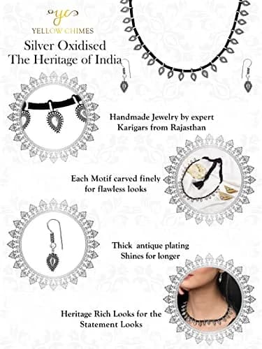 Yellow Chimes Antique Silver Oxidized Ethnic Indian Traditional Leaf Charm Pink Thread Neck Dori Necklace Set with Earrings Jewelry for Women thumbnail 6