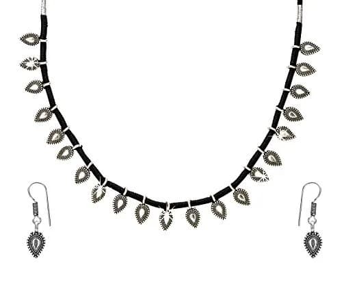 Yellow Chimes Antique Silver Oxidized Ethnic Indian Traditional Leaf Charm Pink Thread Neck Dori Necklace Set with Earrings Jewelry for Women thumbnail 1