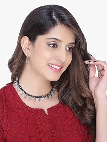 Yellow Chimes Antique Silver Oxidized Ethnic Indian Traditional Leaf Charm Pink Thread Neck Dori Necklace Set with Earrings Jewelry for Women thumbnail 3