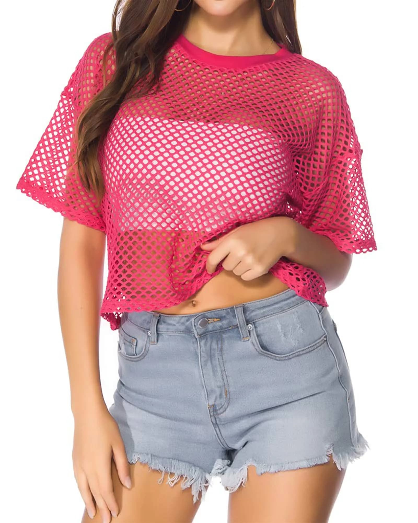 CLOZOZ Women's Mesh Crop Top See Through Fishnet Shirt Short Sleeve Crew Neck Rose Red | Sheer Cover Up for Beach & Summer