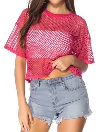 CLOZOZ Women's Mesh Crop Top See Through Fishnet Shirt Short Sleeve Crew Neck Rose Red | Sheer Cover Up for Beach & Summer thumbnail 1