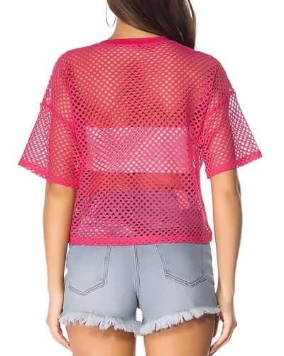 CLOZOZ Women's Mesh Crop Top See Through Fishnet Shirt Short Sleeve Crew Neck Rose Red | Sheer Cover Up for Beach & Summer thumbnail 3