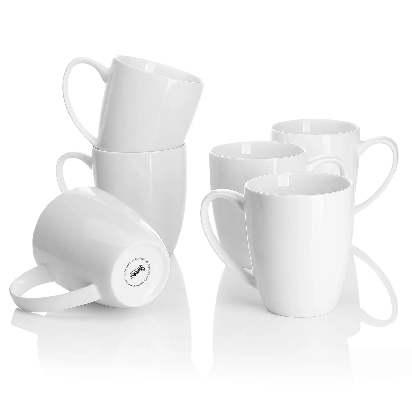 Sweese Porcelain White Coffee Mug 12oz | Set of 6, Dishwasher & Microwave Safe