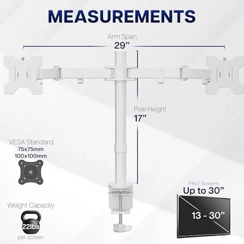 VIVO Dual Monitor Desk Mount STAND-V002W | White, Articulating, Adjustable Monitor Arm, Grommet or C-Clamp Mounting, Computer Stand for 2 Monitors, Holds 22 lbs Each thumbnail 4