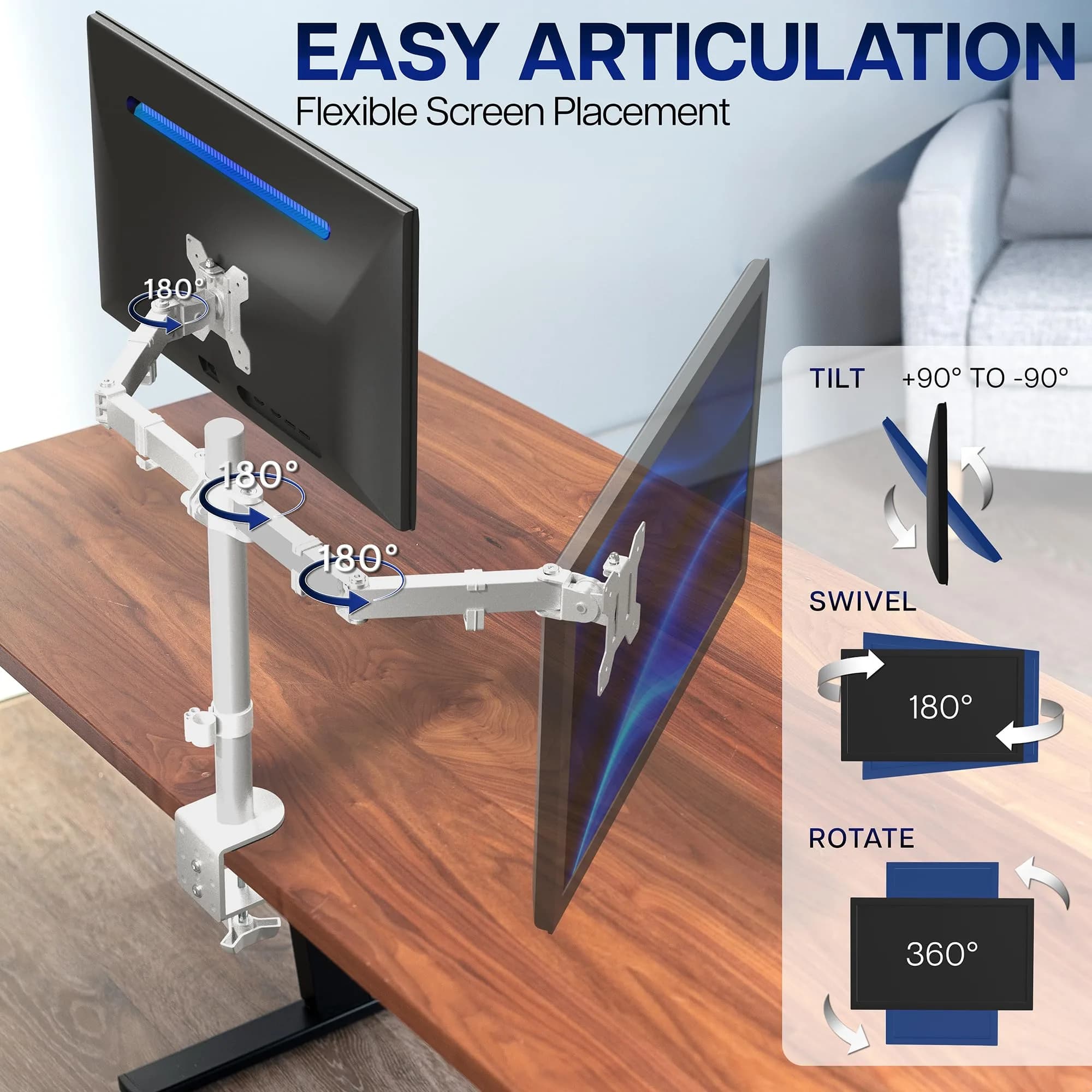 VIVO Dual Monitor Desk Mount STAND-V002W | White, Articulating, Adjustable Monitor Arm, Grommet or C-Clamp Mounting, Computer Stand for 2 Monitors, Holds 22 lbs Each - view 3