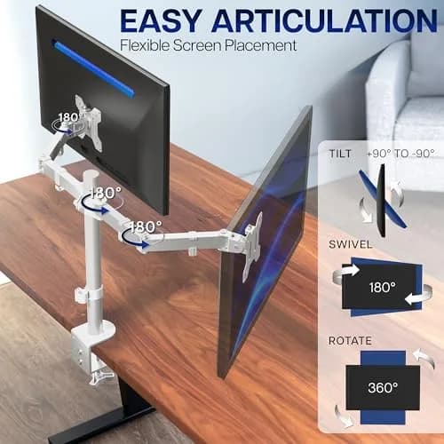 VIVO Dual Monitor Desk Mount STAND-V002W | White, Articulating, Adjustable Monitor Arm, Grommet or C-Clamp Mounting, Computer Stand for 2 Monitors, Holds 22 lbs Each thumbnail 3