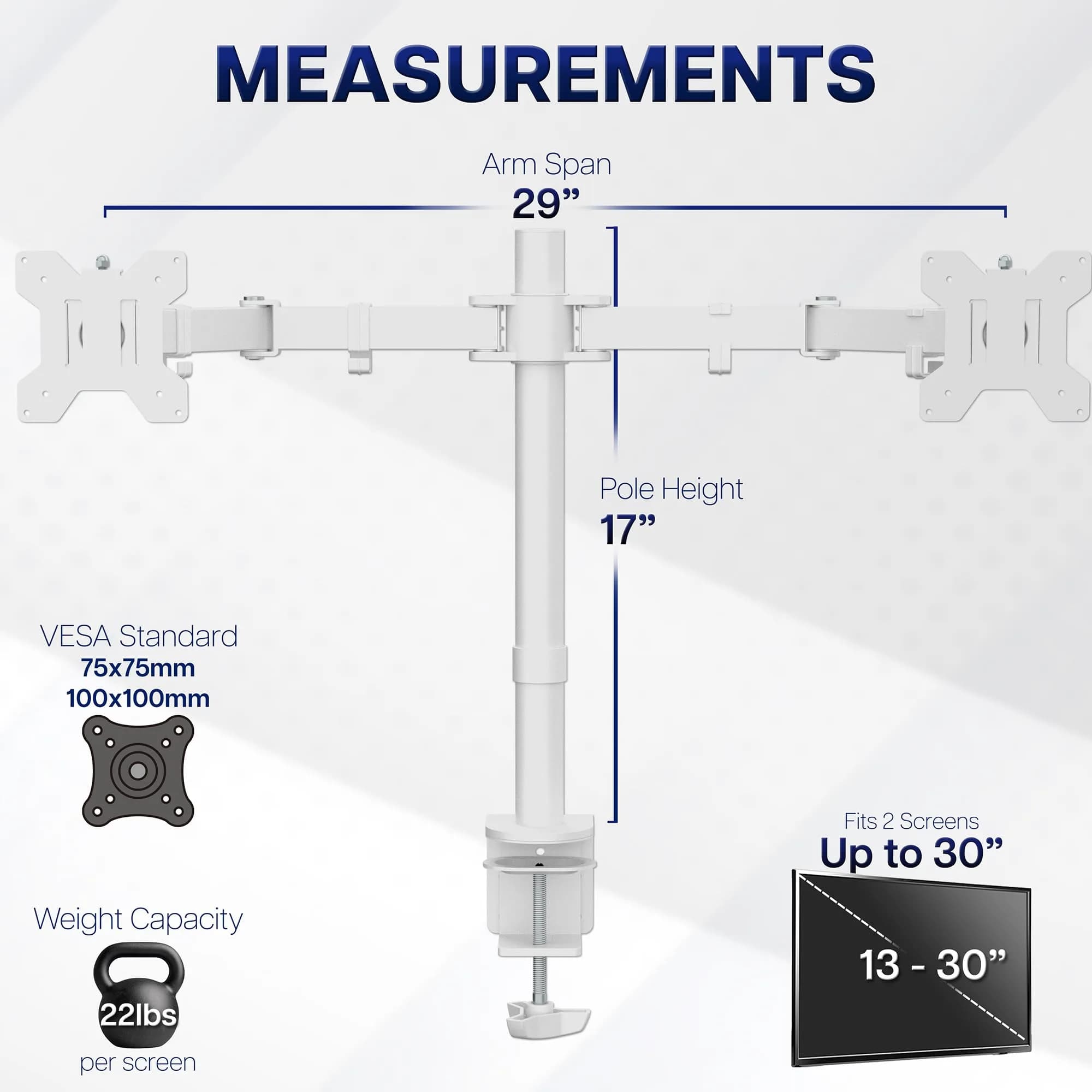 VIVO Dual Monitor Desk Mount STAND-V002W | White, Articulating, Adjustable Monitor Arm, Grommet or C-Clamp Mounting, Computer Stand for 2 Monitors, Holds 22 lbs Each - view 4