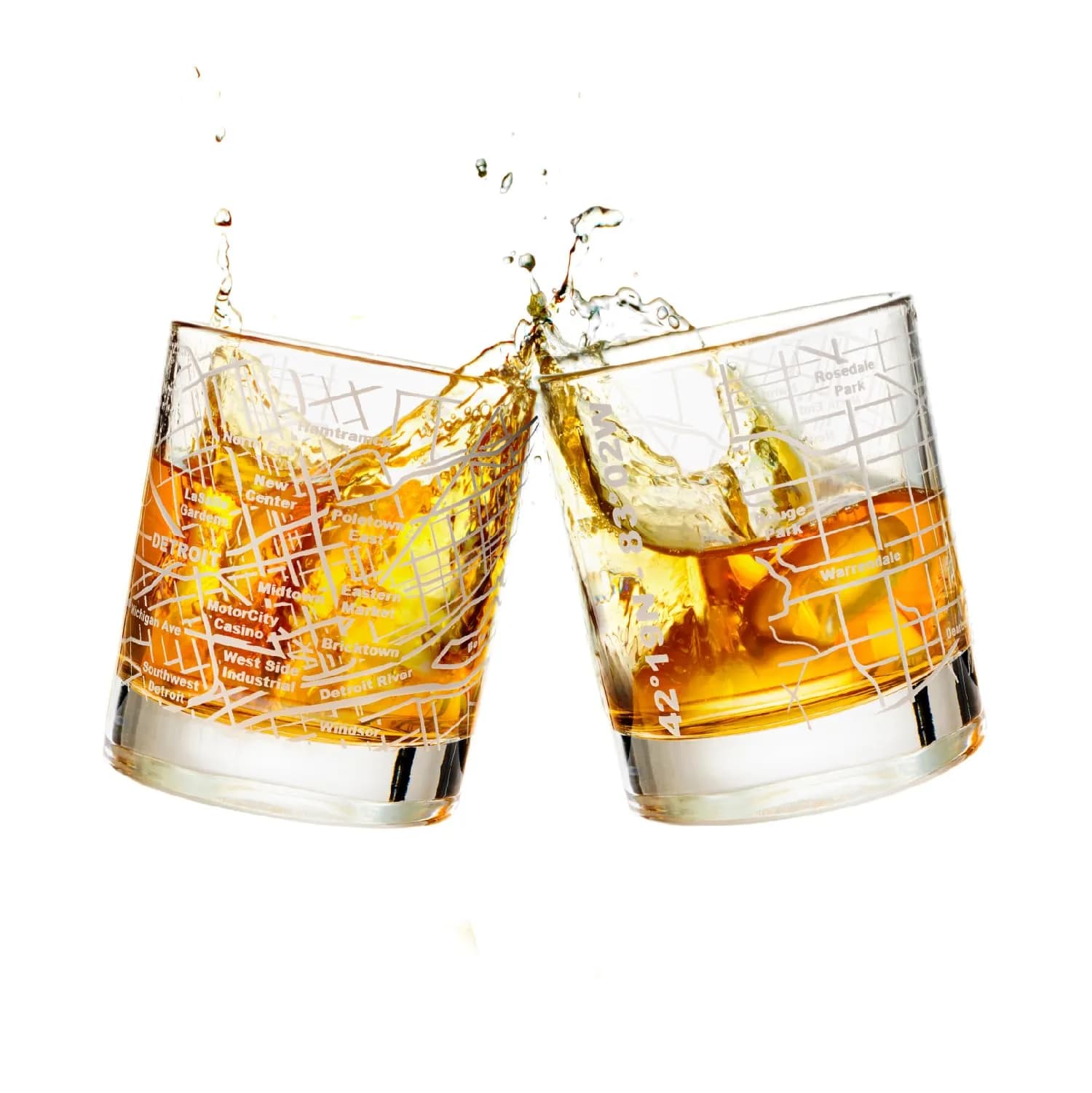 Greenline Goods Detroit Map Etched Whiskey Glasses - 355ml (12 Fl Oz) Set of 2 | Authentic USA Import for Cocktail Lovers - main product image