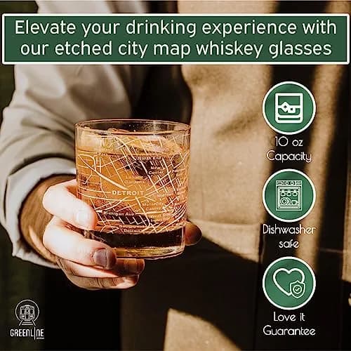 Greenline Goods Detroit Map Etched Whiskey Glasses - 355ml (12 Fl Oz) Set of 2 | Authentic USA Import for Cocktail Lovers thumbnail 5