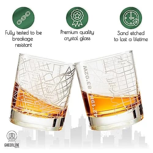 Greenline Goods Detroit Map Etched Whiskey Glasses - 355ml (12 Fl Oz) Set of 2 | Authentic USA Import for Cocktail Lovers thumbnail 3