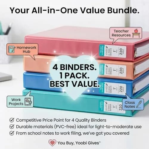 Yoobi 1 Inch D-Ring Binder Set, 4 Pack Multicolor | Holds 220 Sheets thumbnail 8