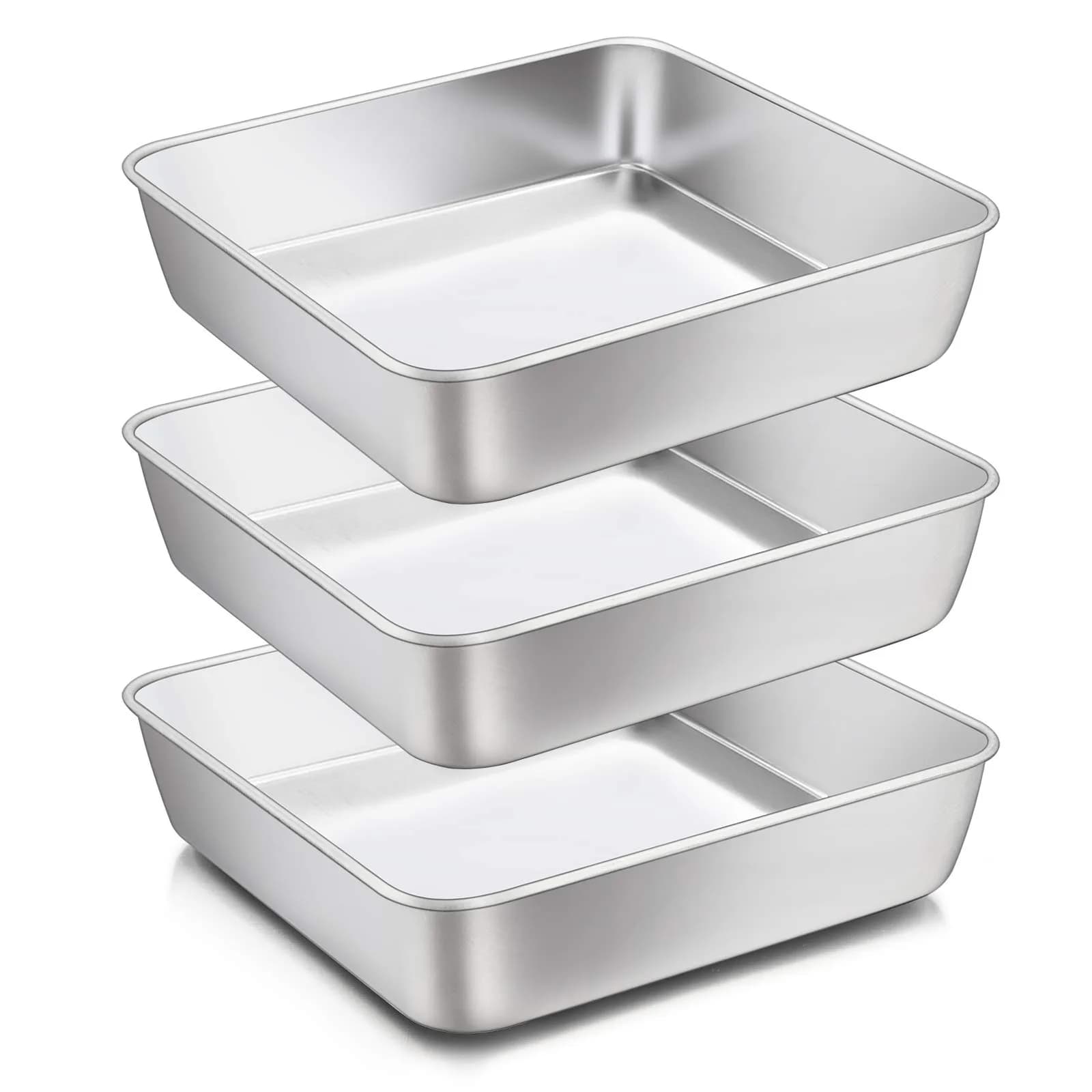 E-far 8 x 8-Inch Stainless Steel Baking Pan Set | Healthy, Durable & Dishwasher Safe — 3-Piece Set
