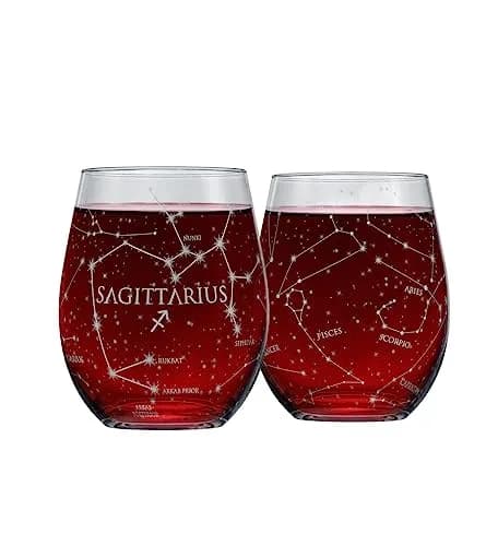 Greenline Goods Sagittarius Zodiac Stemless Wine Glasses 15 oz | Hand Etched Astrology Sign thumbnail 1