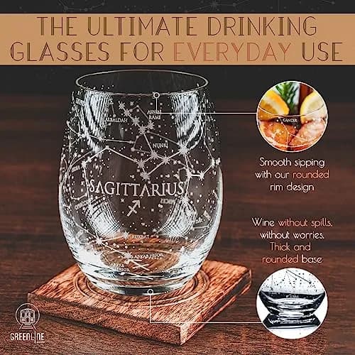 Greenline Goods Sagittarius Zodiac Stemless Wine Glasses 15 oz | Hand Etched Astrology Sign thumbnail 2