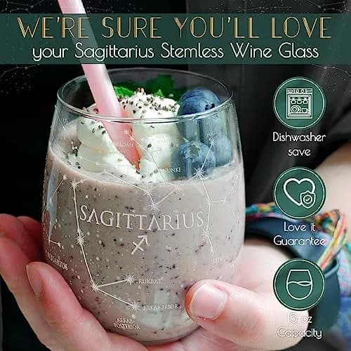 Greenline Goods Sagittarius Zodiac Stemless Wine Glasses 15 oz | Hand Etched Astrology Sign thumbnail 3