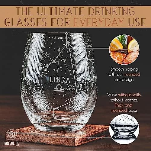 Greenline Goods Libra Zodiac Stemless Wine Glasses 15 oz | Astrology Sign Glassware thumbnail 2