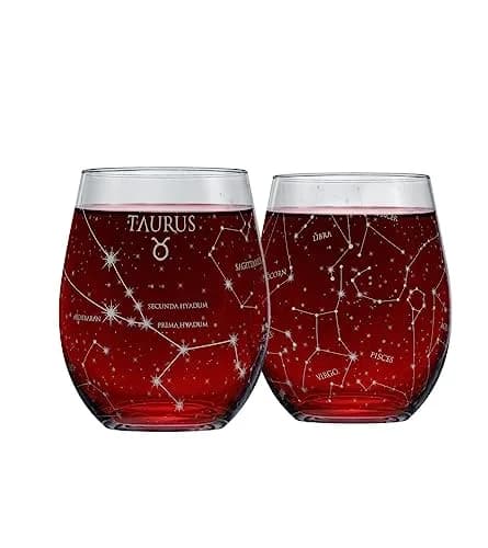 Greenline Goods Taurus Zodiac Stemless Wine Glasses 15 oz | Hand Etched Astrology Sign thumbnail 1