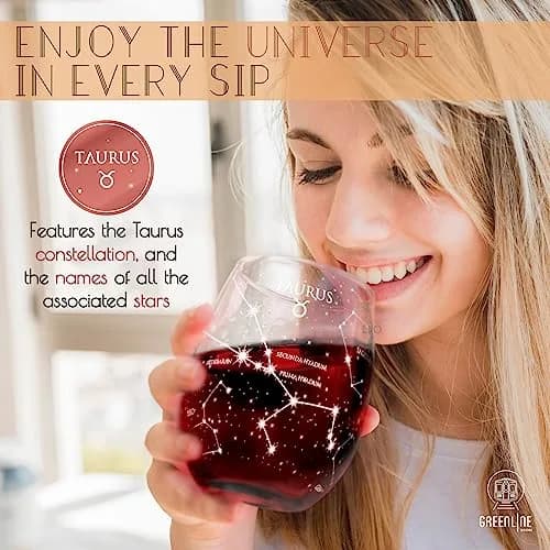 Greenline Goods Taurus Zodiac Stemless Wine Glasses 15 oz | Hand Etched Astrology Sign thumbnail 5