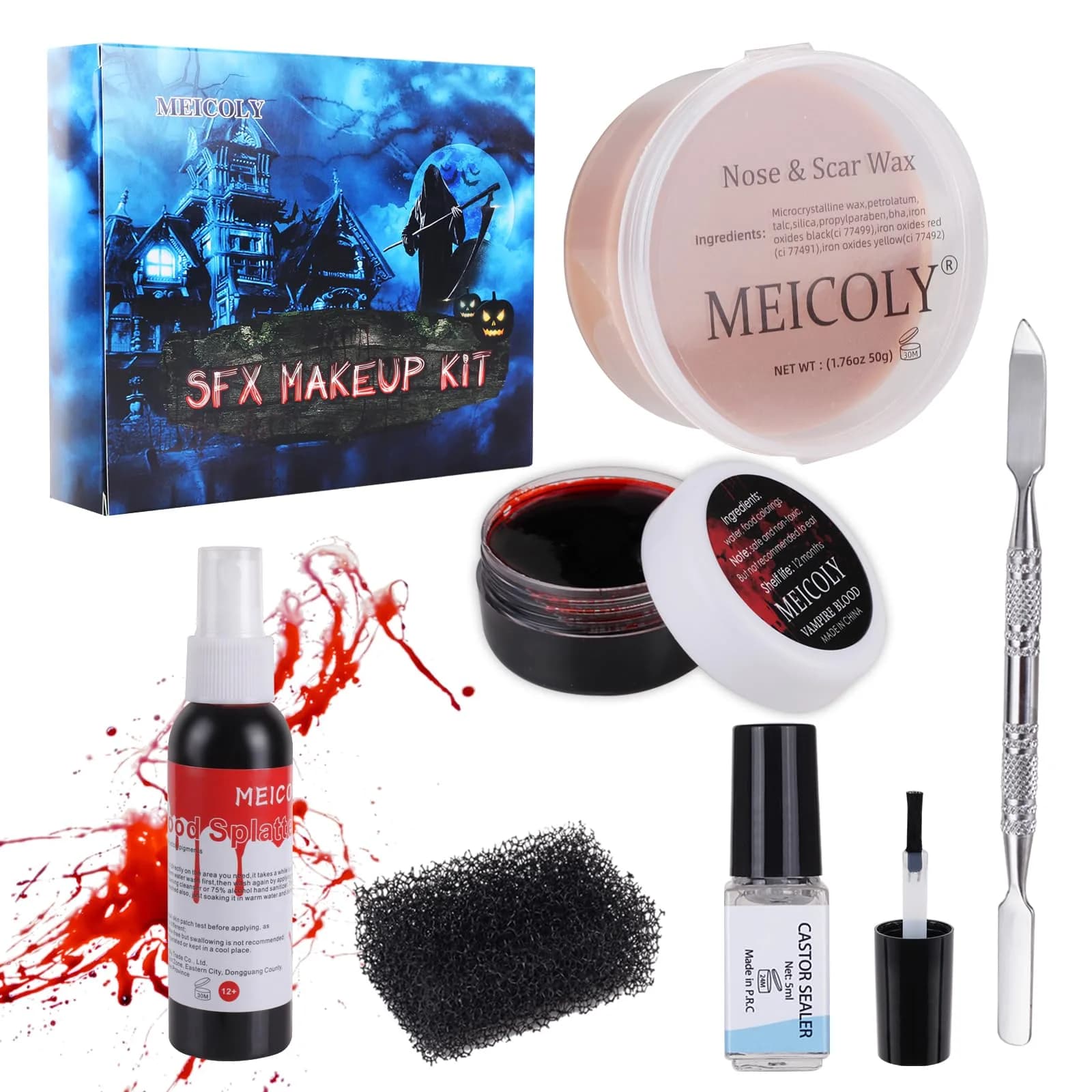 MEICOLY SFX Makeup Kit with Scar Wax & Fake Blood Spray, 7 Piece Set | Realistic Wound Effects - main product image