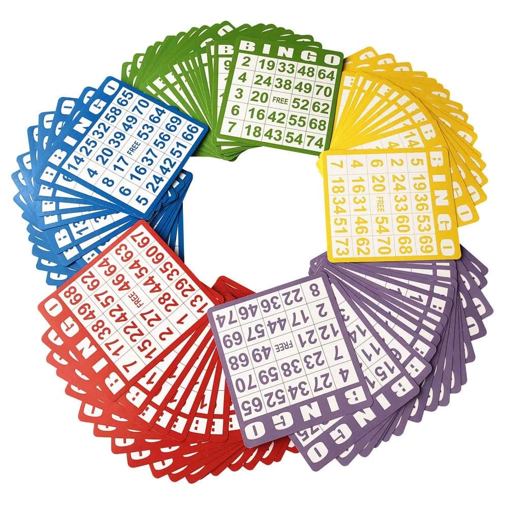 Yuanhe 100 Bingo Game Cards - 5.2x4.7in (13.2x12cm) | Reusable Cardboard for Parties — Red, Blue, Yellow, Purple, Green