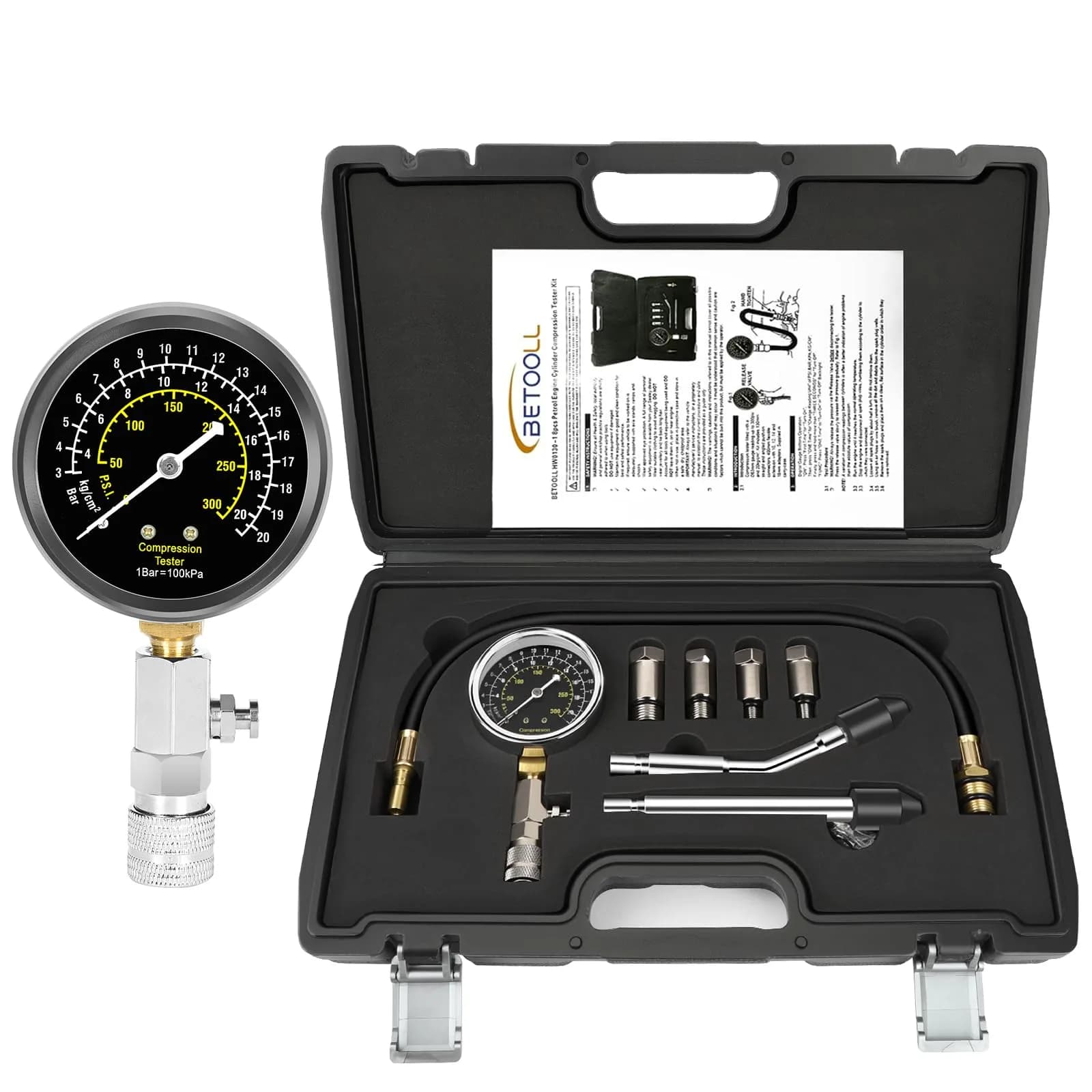 BETOOLL 8pcs Petrol Engine Cylinder Compression Tester Kit | Durable Brass Adapters & Triple Range Gauge