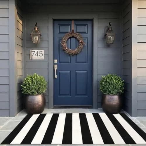 LEEVAN Black and White Striped Outdoor Rug 3x5 | Washable Front Porch Rug thumbnail 1