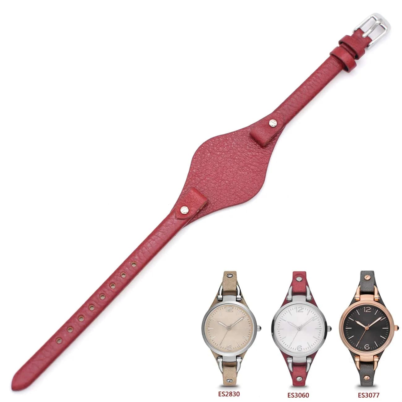 bullish 8mm Genuine Leather Watch Strap Replacement for Fossil Watches, 210mm (8.27 in) | Beige Genuine Cowhide Leather with Stainless Steel Buckle — Red