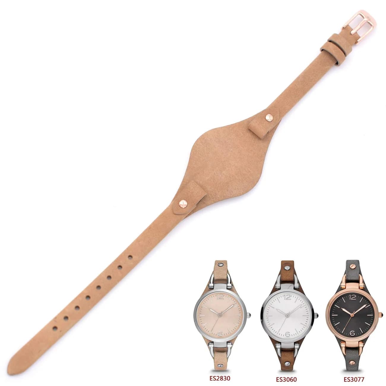 bullish 8mm Genuine Leather Watch Strap Replacement for Fossil Watches, 210mm (8.27 in) | Beige Genuine Cowhide Leather with Stainless Steel Buckle — beige