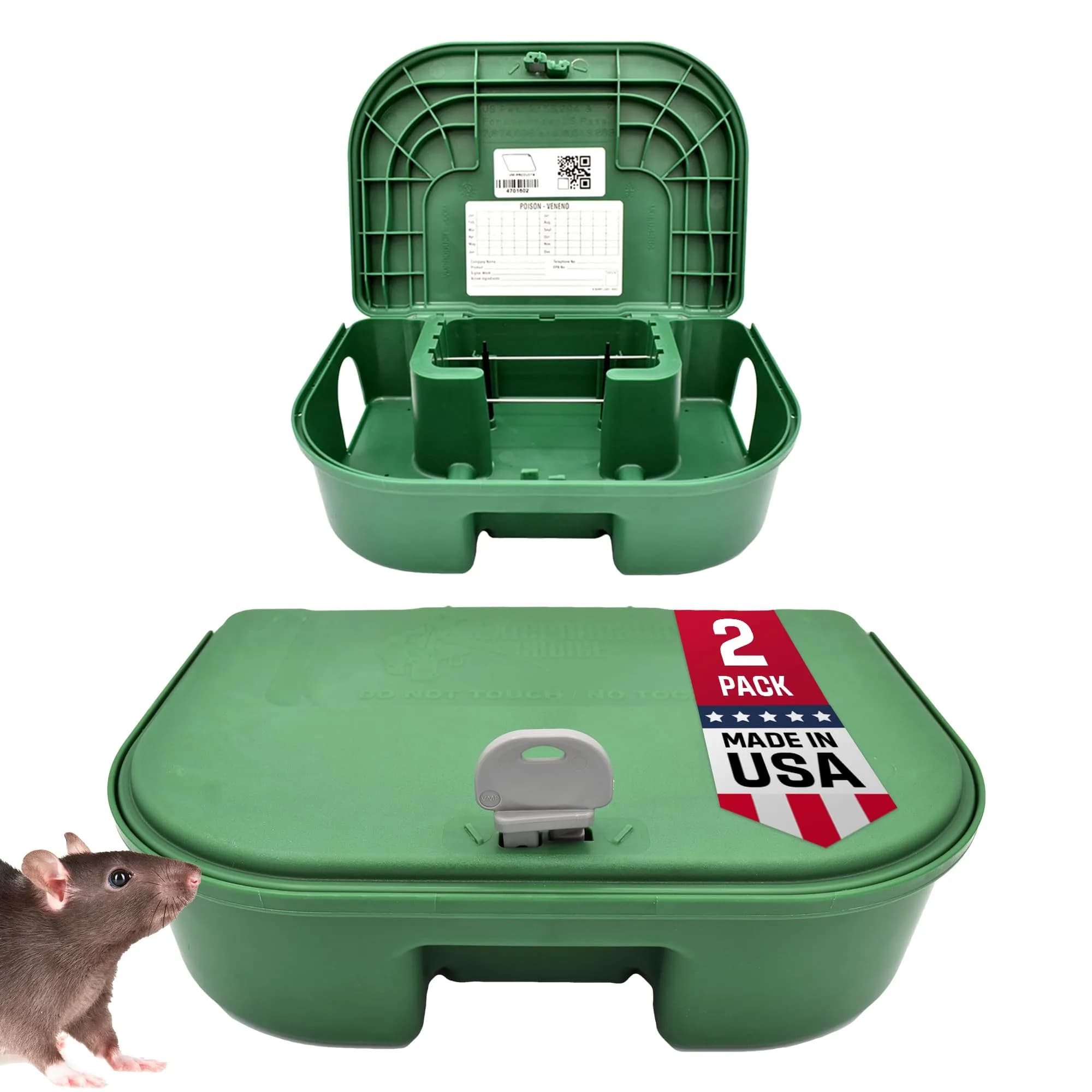 Exterminators Choice Rat Bait Stations - 2-Pack Large Green Bait Boxes | Heavy-Duty Outdoor Rodent Control