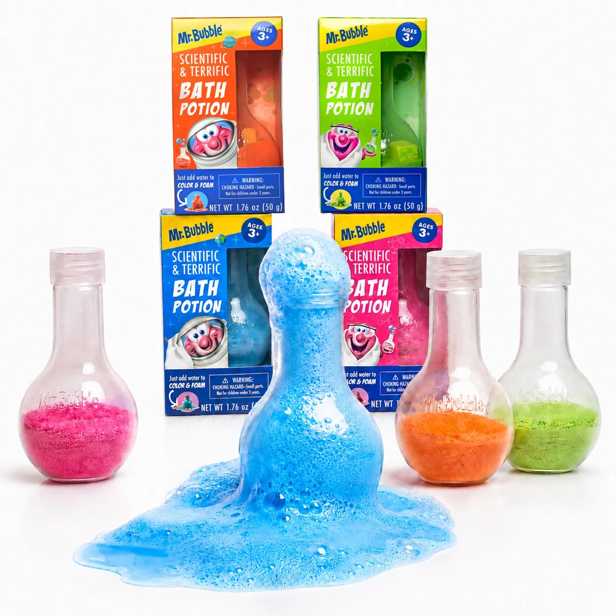 Mr. Bubble Kids Original Bath Bomb Potions - Colorful Fizzy Fun - Cool Foam and Bubble Science Beaker Bath Toys (Pack of 4) | Safe, Paraben-Free, Colorful Science Fun