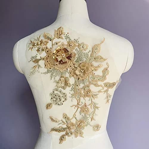 FEEPOP Golden Color 3D Embroidered Flower Lace Applique Patch 35cm x 28cm for Wedding Dresses - main product image