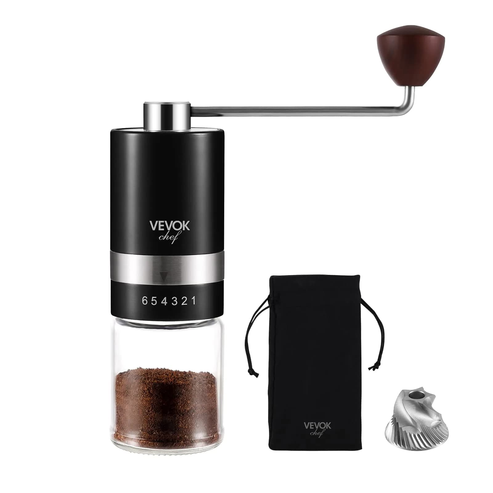 VEVOK CHEF Manual Coffee Grinder 6 Settings | Stainless Steel Conical Burr Portable Hand Crank Fine for Espresso