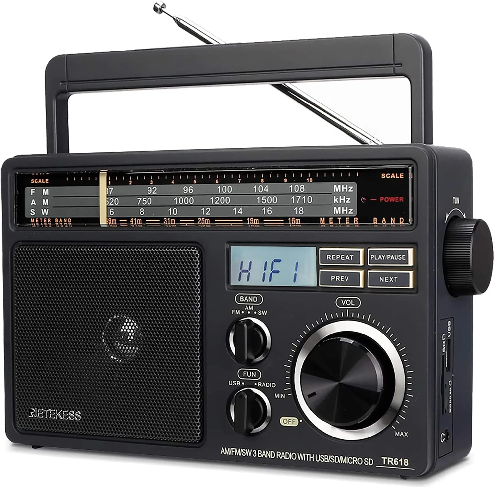 Retekess TR618 Portable AM FM Shortwave Radio with MP3 Support | Elder-Friendly Handle, Large Dial, 3.5mm Jack thumbnail 1