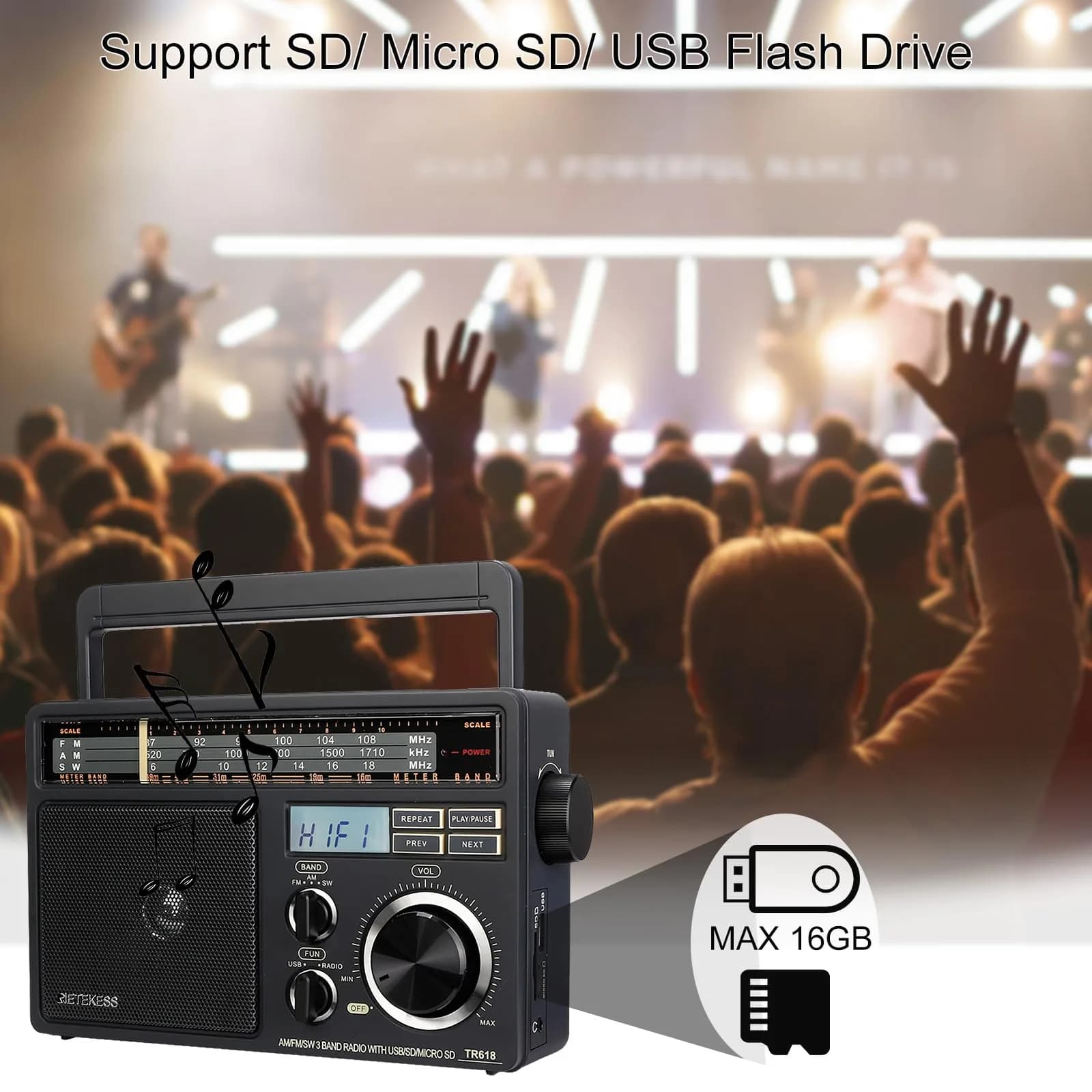 Retekess TR618 Portable AM FM Shortwave Radio with MP3 Support | Elder-Friendly Handle, Large Dial, 3.5mm Jack thumbnail 7
