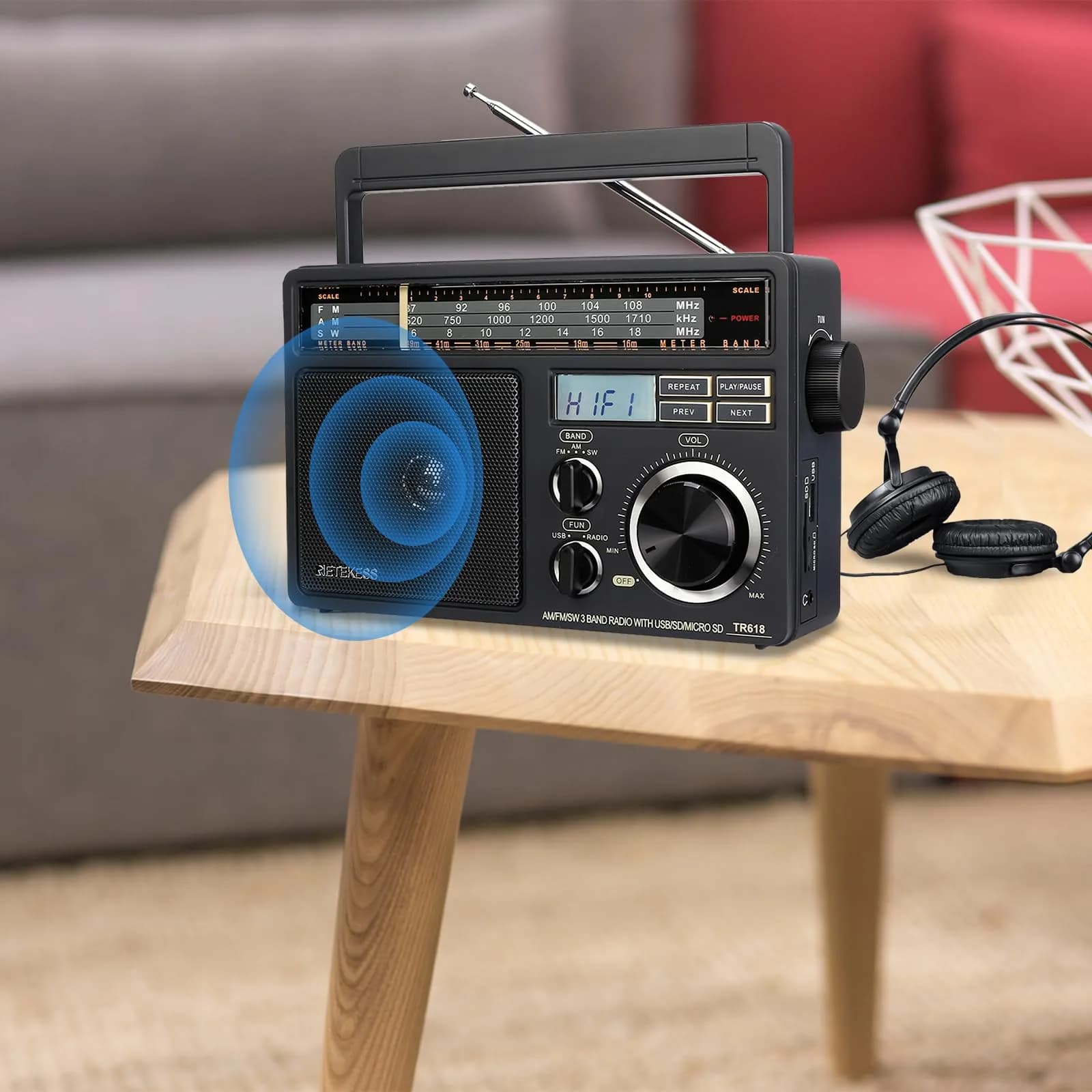 Retekess TR618 Portable AM FM Shortwave Radio with MP3 Support | Elder-Friendly Handle, Large Dial, 3.5mm Jack thumbnail 8