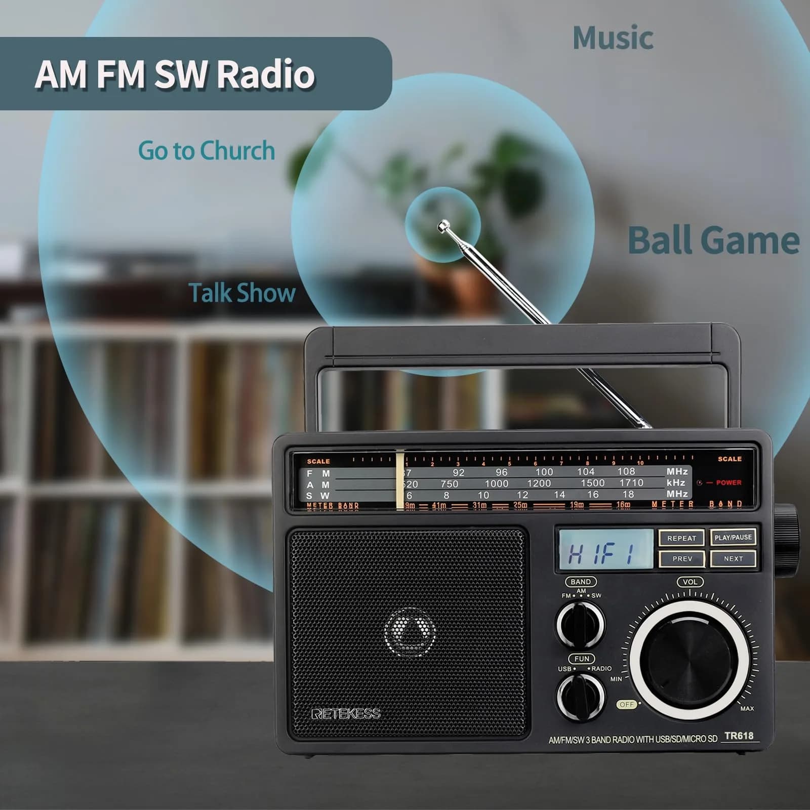 Retekess TR618 Portable AM FM Shortwave Radio with MP3 Support | Elder-Friendly Handle, Large Dial, 3.5mm Jack thumbnail 2