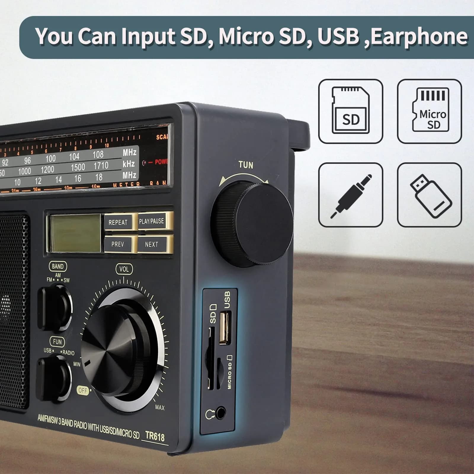 Retekess TR618 Portable AM FM Shortwave Radio with MP3 Support | Elder-Friendly Handle, Large Dial, 3.5mm Jack thumbnail 3
