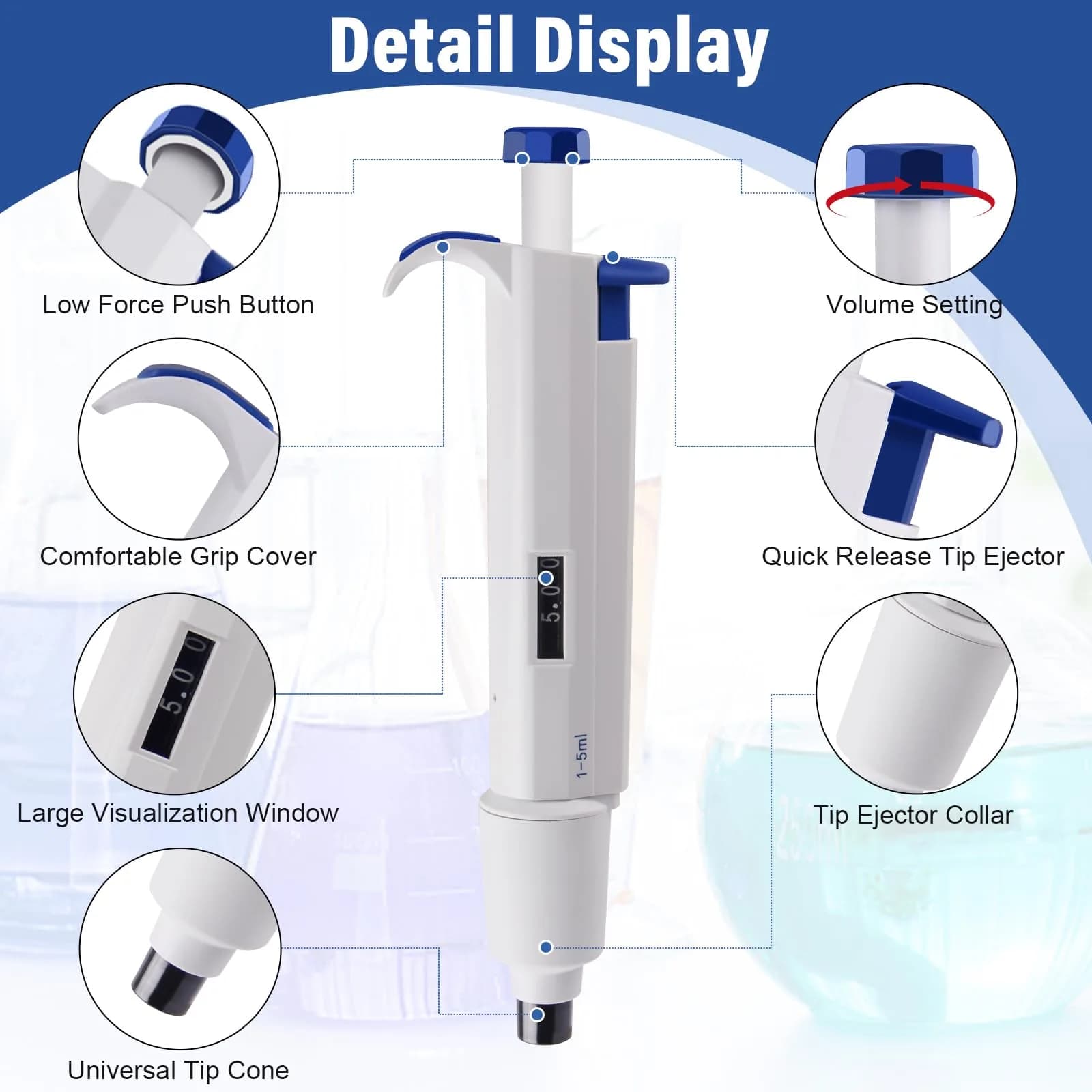 PRECIPETTE 1-5 mL Single Channel Micropipette | Calibrated to ISO8655, Autoclavable Tip Cone - view 2